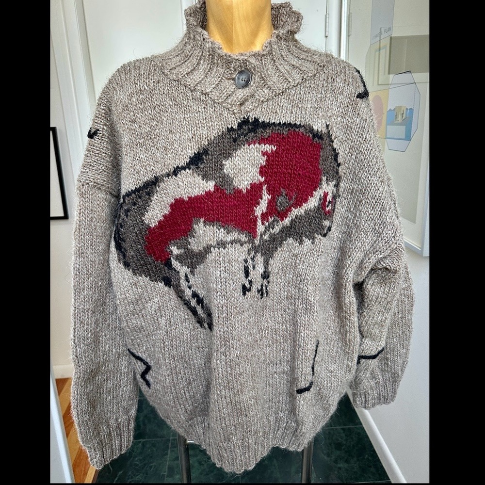VINTAGE 1990s HANDKNIT ICELANDIC WOOL MENS SWEATER PREHISTORIC CAVE PAINTING XXL - Picture 1 of 8